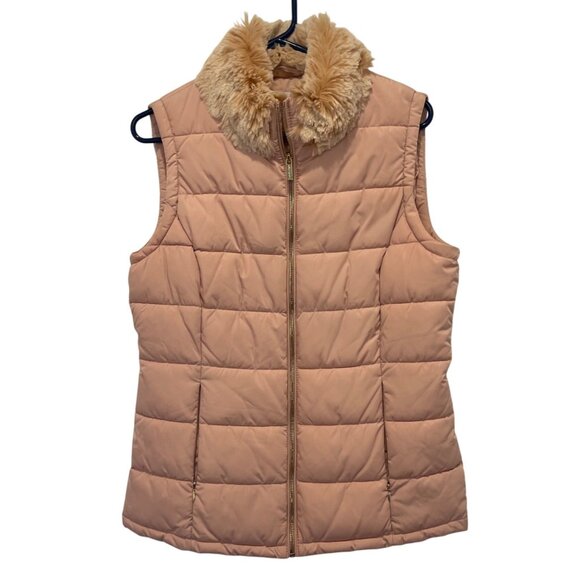 NWOT Calvin Klein Womens Quilted Puffer Vest Pink Faux Fur Collar Size M NEW - Picture 1 of 8